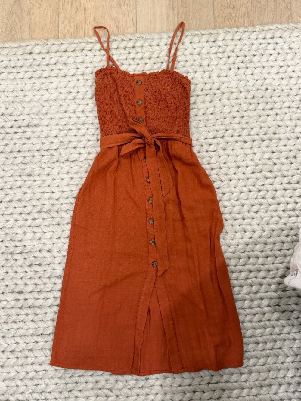 Abercrombie Blended Linen Midi Dress Rust Color with Pockets, XS Petite